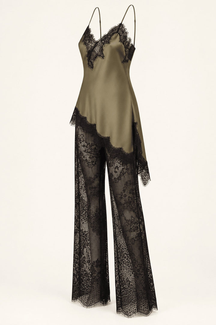 Khaki Satin Lace Pants Set - STYLED BY ALX COUTUREOutfit Sets