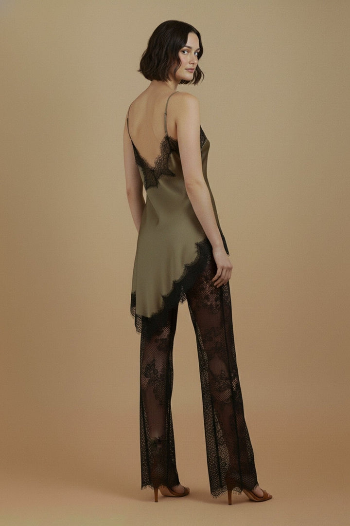 Khaki Satin Lace Pants Set - STYLED BY ALX COUTUREOutfit Sets