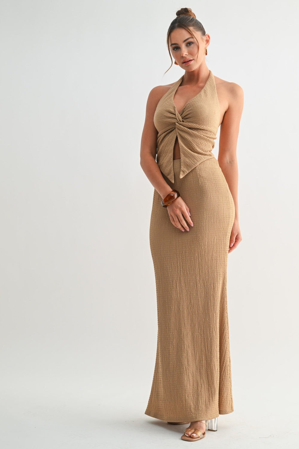 Neutral khaki two piece set for resort and warm weather dressing