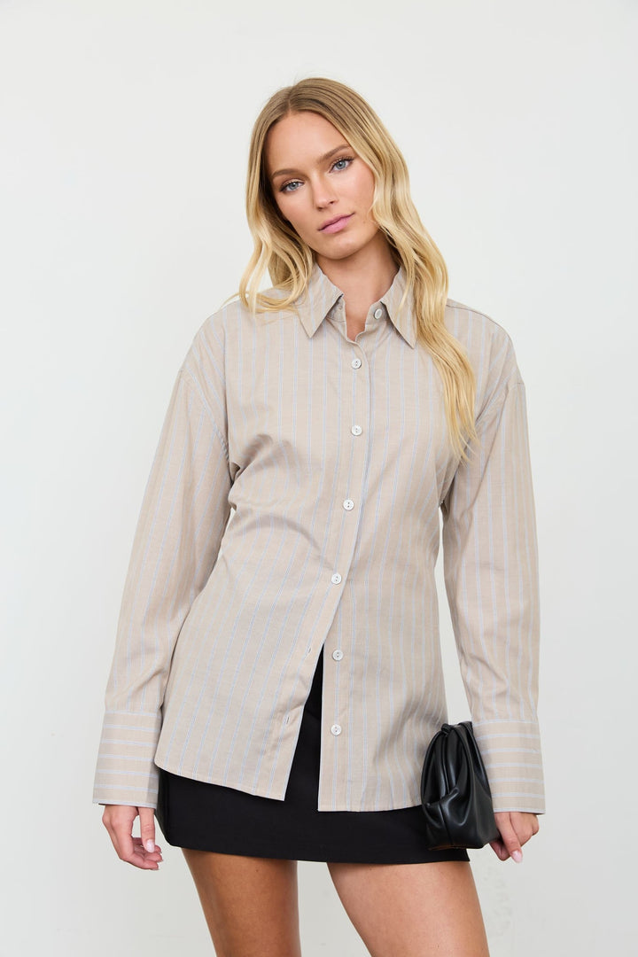 Khaki Stripe Lace-Up Back Shirt - STYLED BY ALX COUTUREShirts &amp; Tops