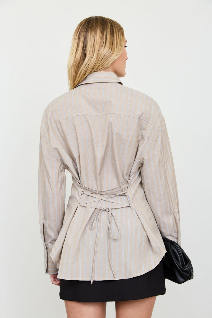 Khaki Stripe Lace-Up Back Shirt - STYLED BY ALX COUTUREShirts &amp; Tops