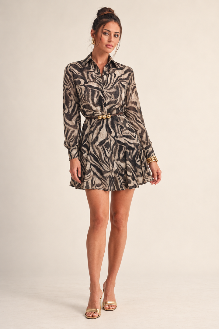 ALX model wearing Luxxel taupe multi safari belted flare mini dress with gold accessories