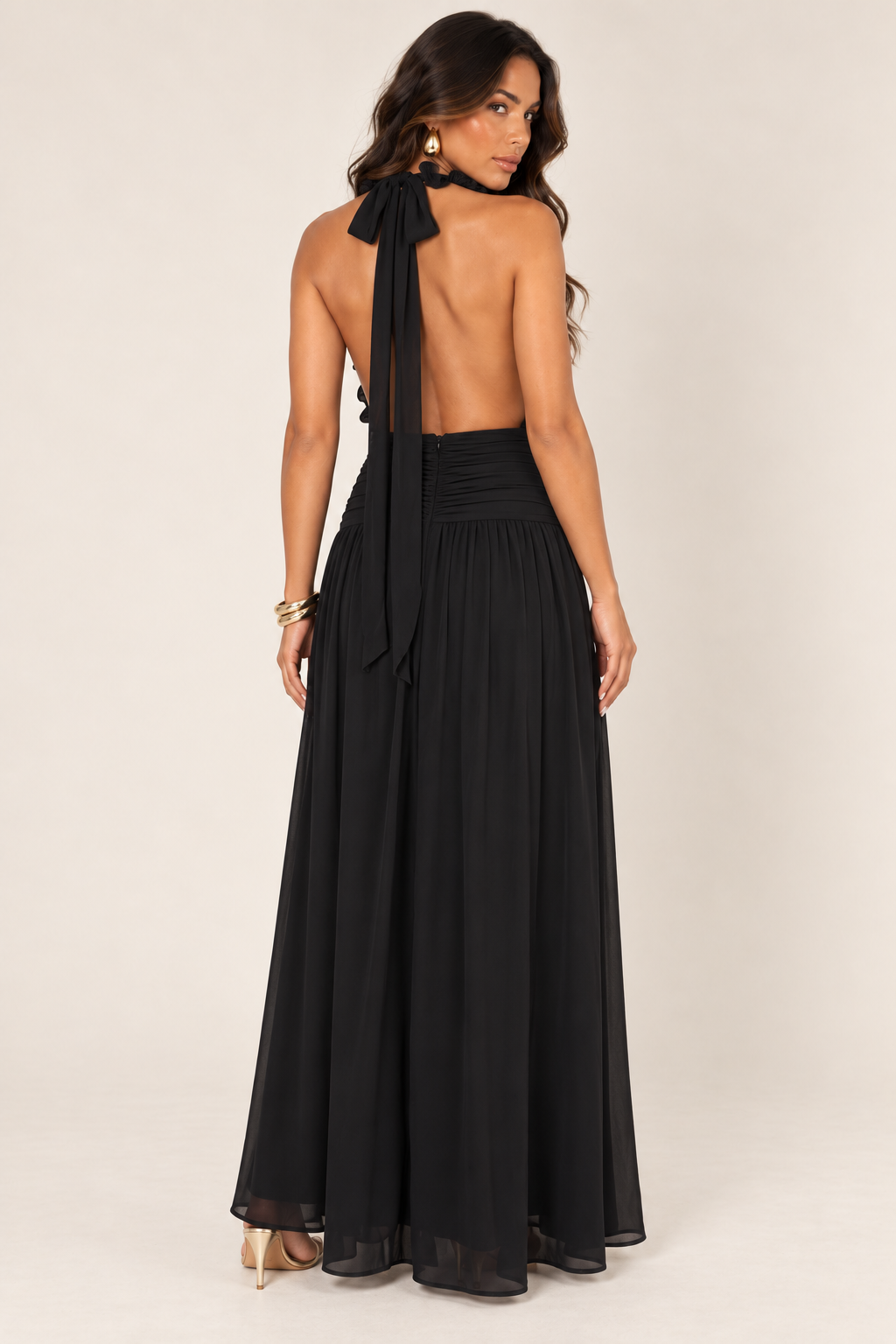 Back view of black ruffle trim chiffon maxi dress on the ALX hair-down model