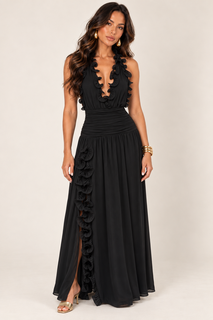 Front view of black ruffle trim chiffon maxi dress on the ALX hair-down model