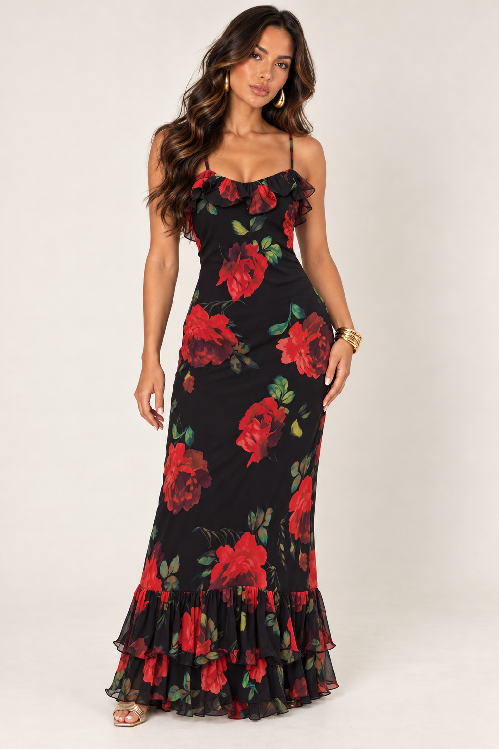ALX model wearing Luxxel black red rose ruffled open back maxi dress with gold accessories