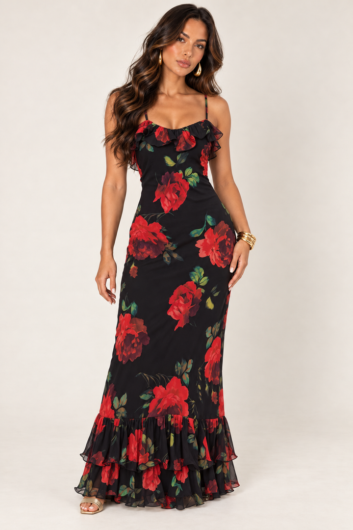 ALX model wearing Luxxel black red rose ruffled open back maxi dress with gold accessories