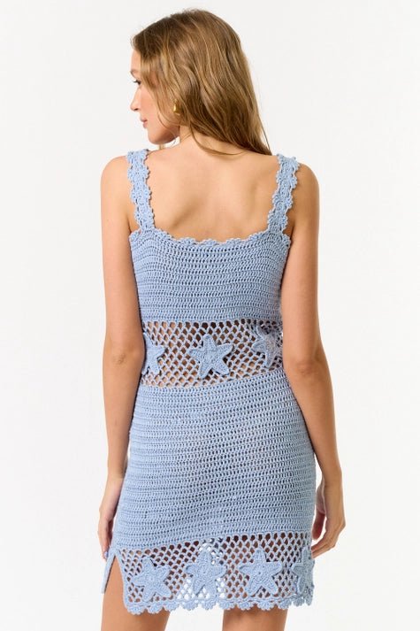 crochet star dress Light Blue Crochet Mini Dress with Stars STYLED BY ALX COUTURE