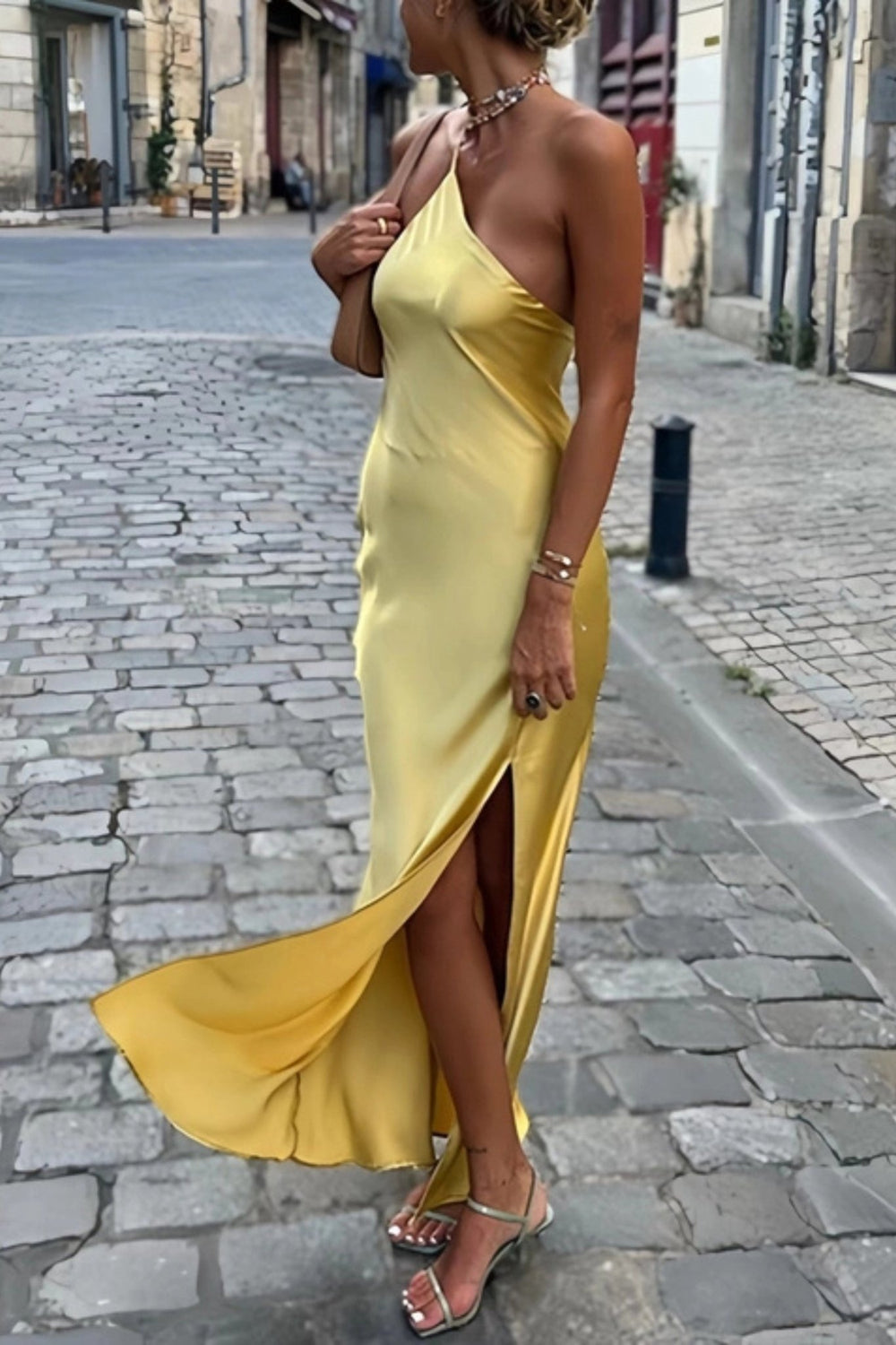 Light Blue Sexy Slim Slanted Shoulder Backless Dress