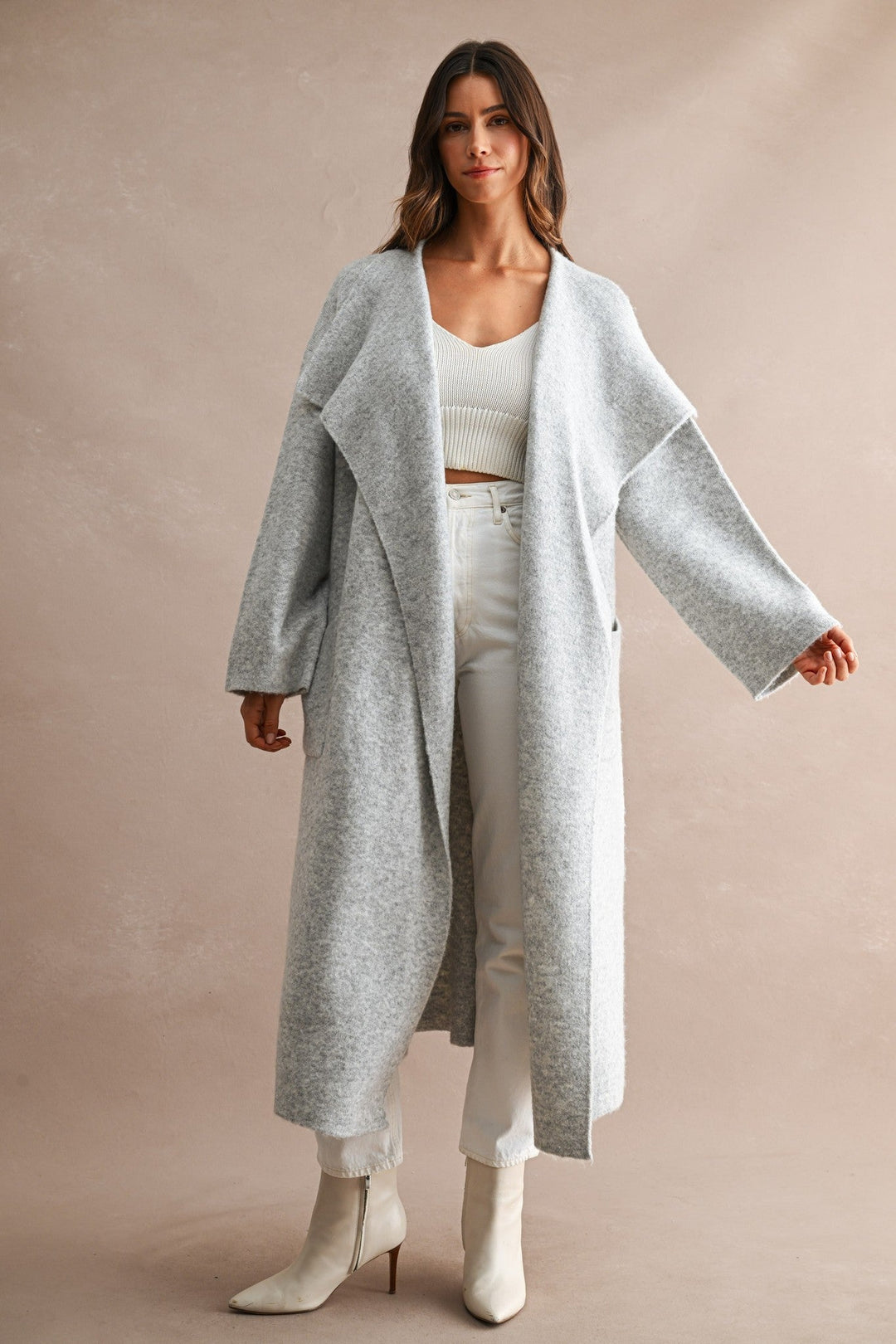 Light Heather Grey Longline Oversized Shawl Collar Open Front Cardigan - STYLED BY ALX COUTUREOuterwear