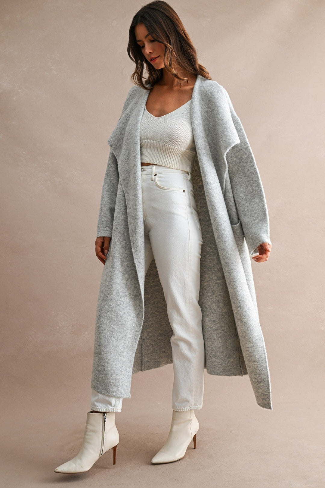 Light Heather Grey Longline Oversized Shawl Collar Open Front Cardigan - STYLED BY ALX COUTUREOuterwear