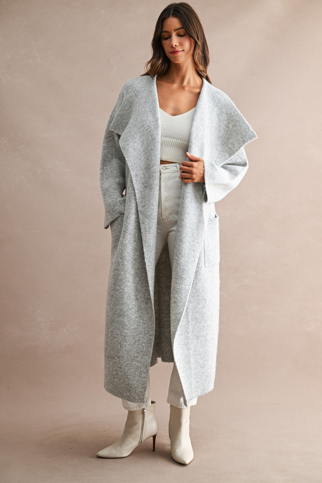 Light Heather Grey Longline Oversized Shawl Collar Open Front Cardigan - STYLED BY ALX COUTUREOuterwear
