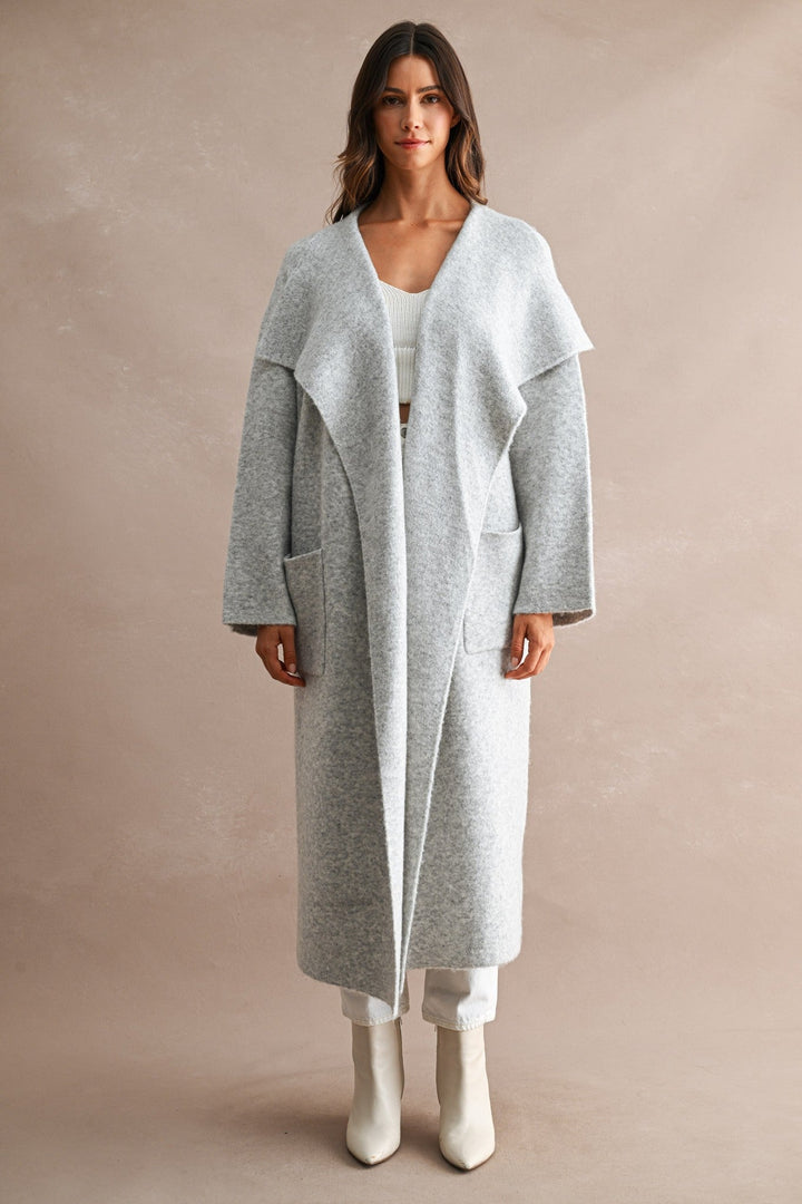 Light Heather Grey Longline Oversized Shawl Collar Open Front Cardigan - STYLED BY ALX COUTUREOuterwear