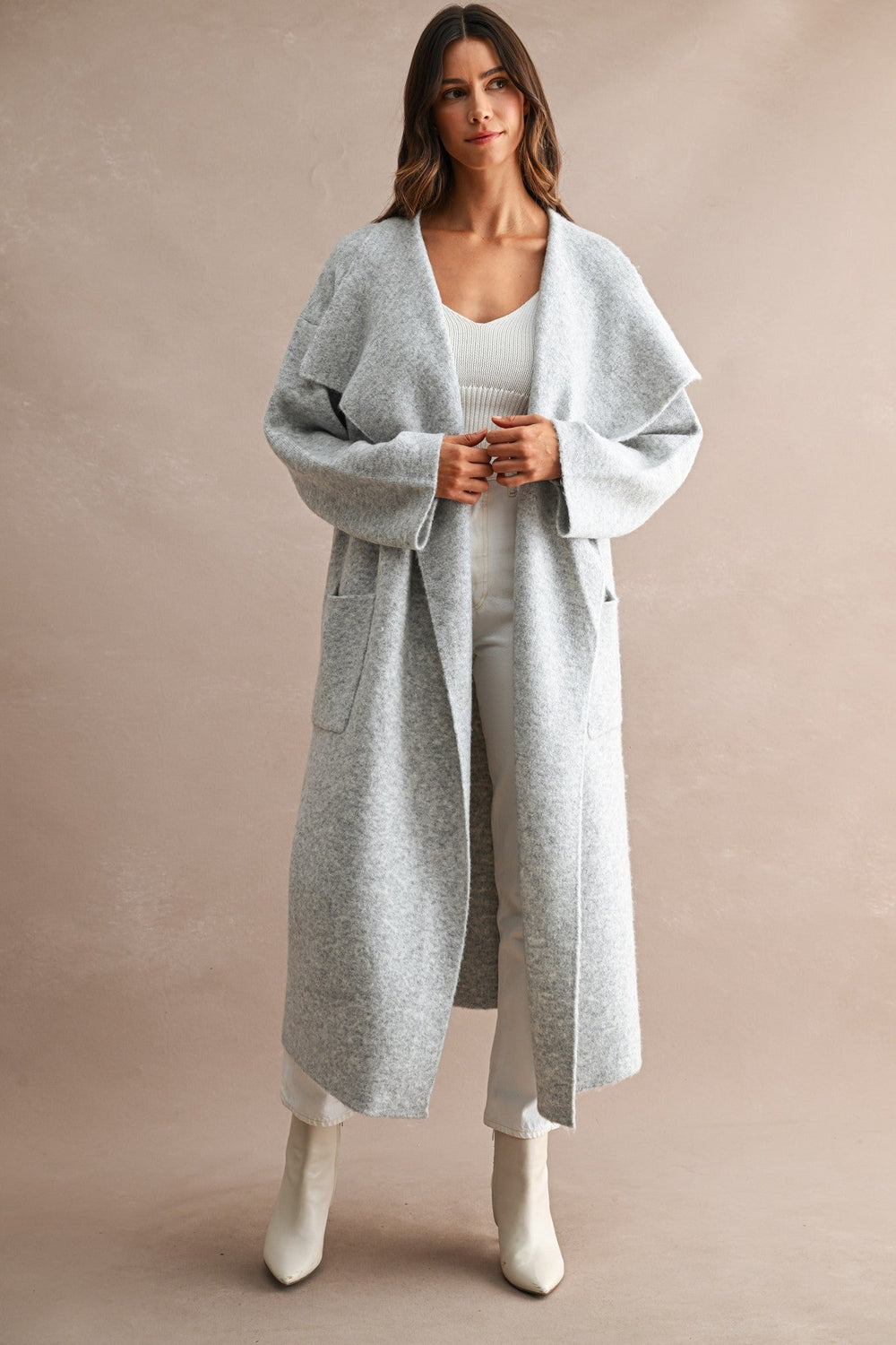 Light Heather Grey Longline Oversized Shawl Collar Open Front Cardigan - STYLED BY ALX COUTUREOuterwear
