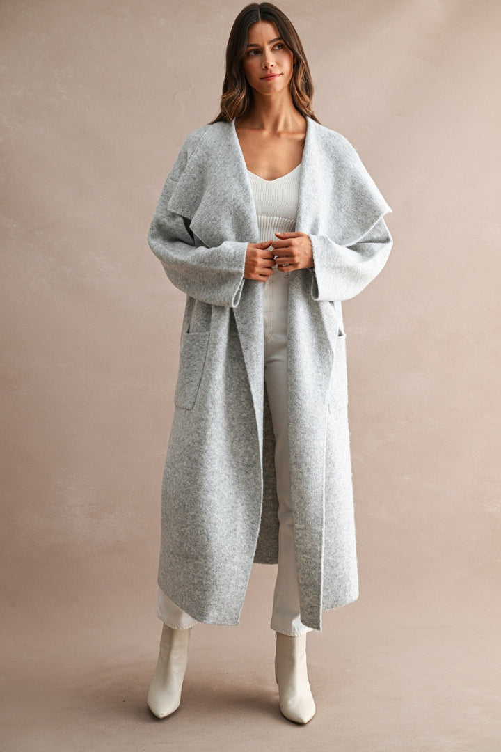 Light Heather Grey Longline Oversized Shawl Collar Open Front Cardigan - STYLED BY ALX COUTUREOuterwear
