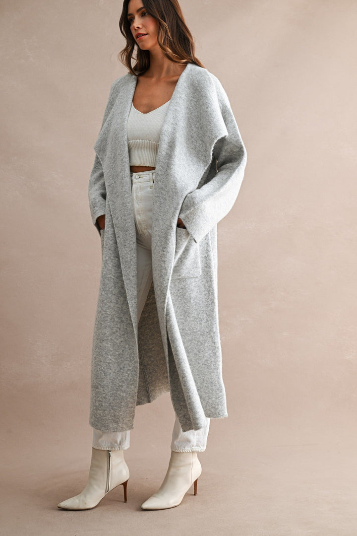 Light Heather Grey Longline Oversized Shawl Collar Open Front Cardigan - STYLED BY ALX COUTUREOuterwear