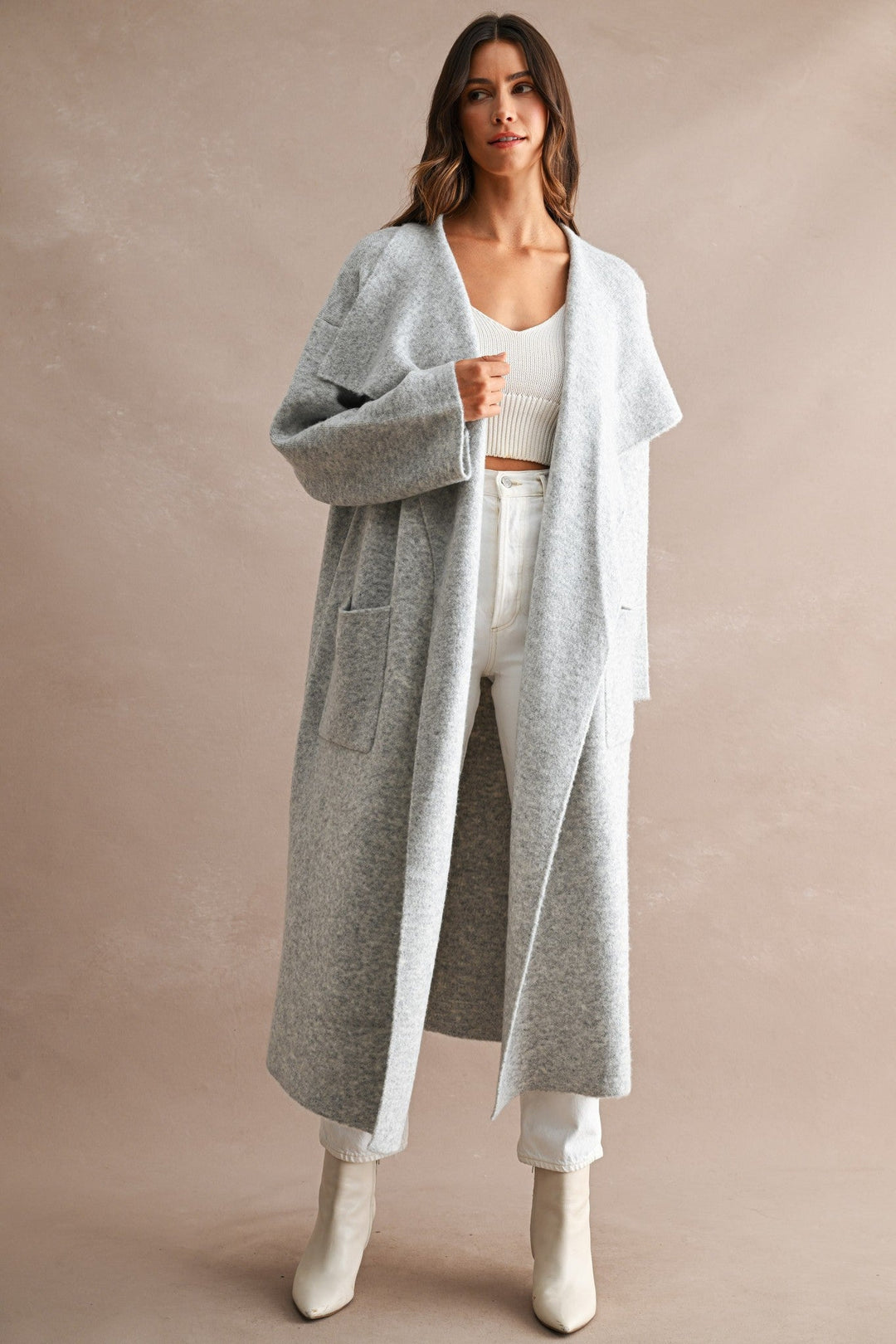 Light Heather Grey Longline Oversized Shawl Collar Open Front Cardigan - STYLED BY ALX COUTUREOuterwear