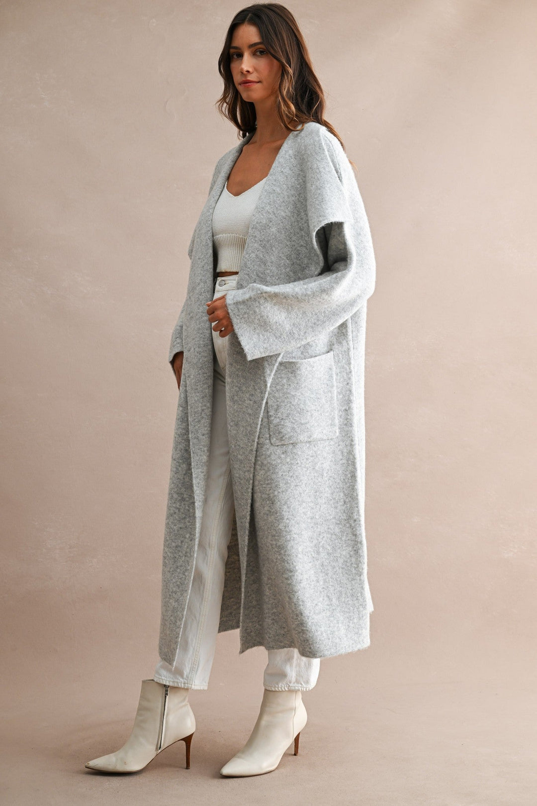 Light Heather Grey Longline Oversized Shawl Collar Open Front Cardigan - STYLED BY ALX COUTUREOuterwear