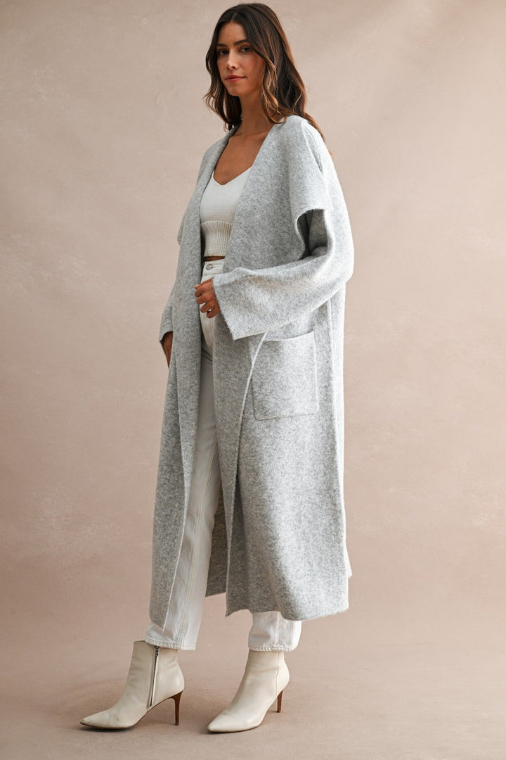 Light Heather Grey Longline Oversized Shawl Collar Open Front Cardigan - STYLED BY ALX COUTUREOuterwear