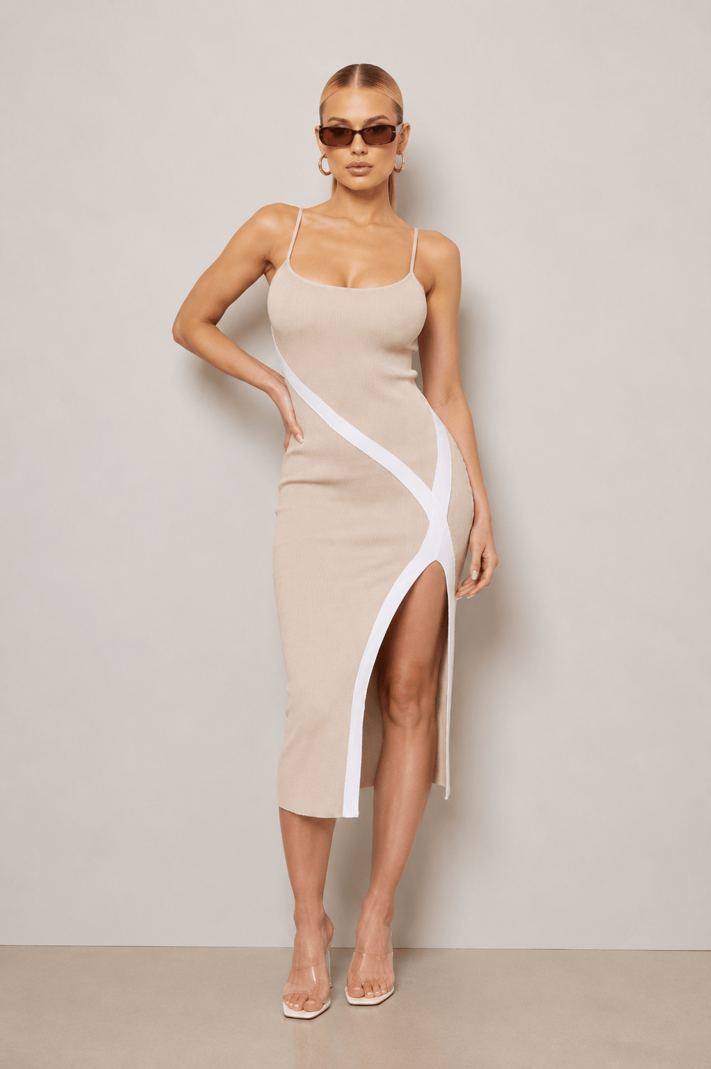 Beige & White Slit Tank Midi Dress