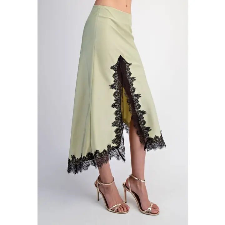 Lime Lace Satin Midi Skirt - STYLED BY ALX COUTURESkirts