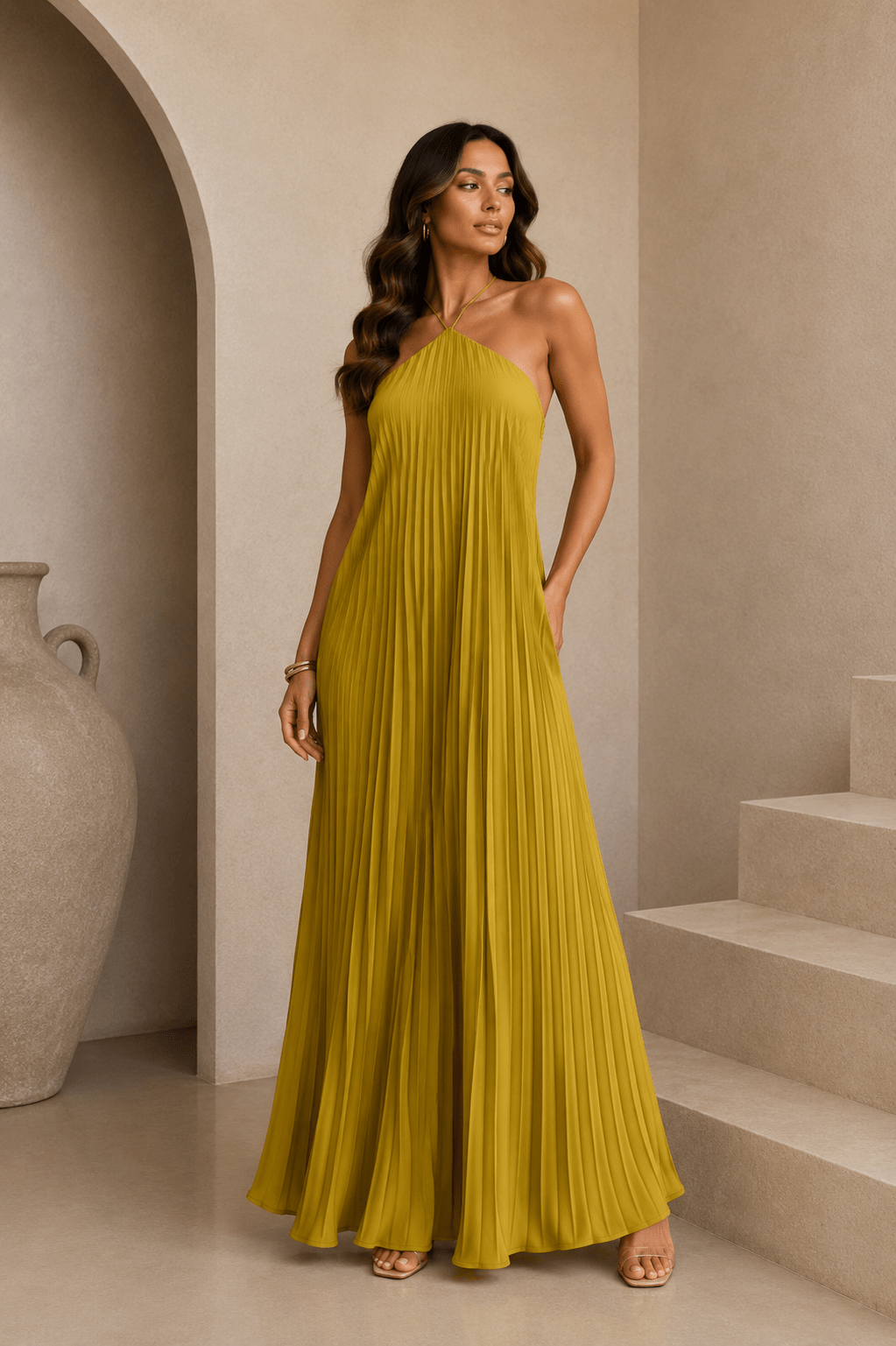Lime Satin Pleated Maxi Dress - STYLED BY ALX COUTUREDresses