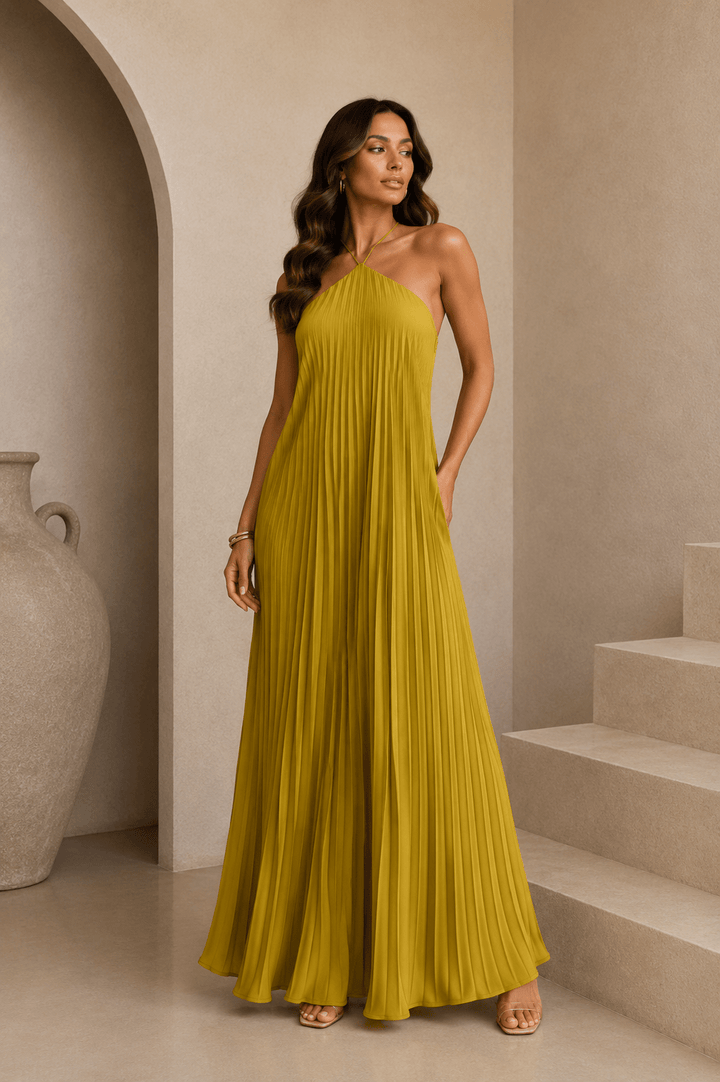 Lime Satin Pleated Maxi Dress - STYLED BY ALX COUTUREDresses