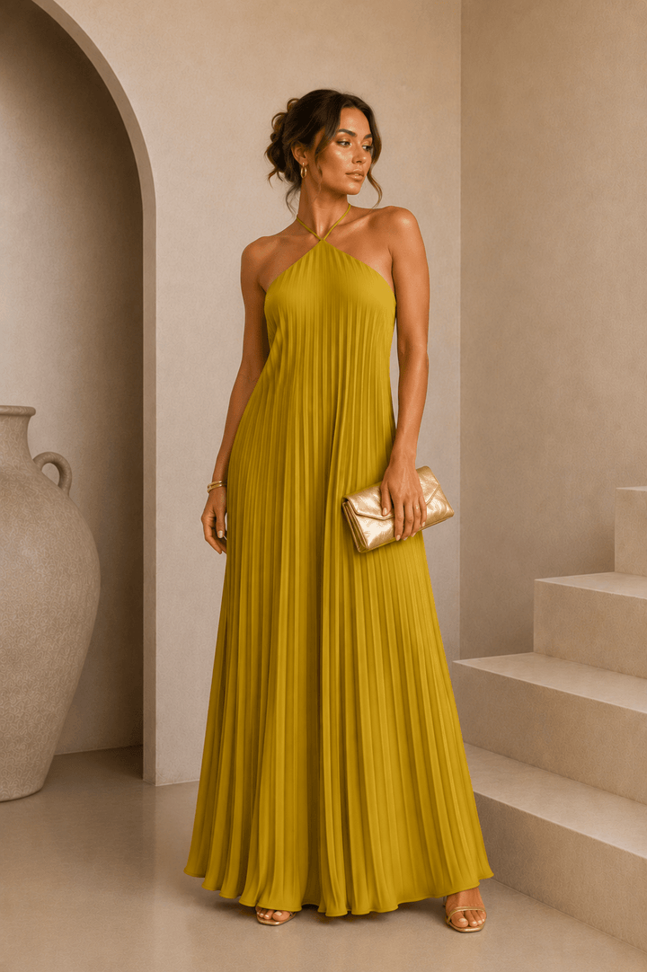 Lime Satin Pleated Maxi Dress - STYLED BY ALX COUTUREDresses