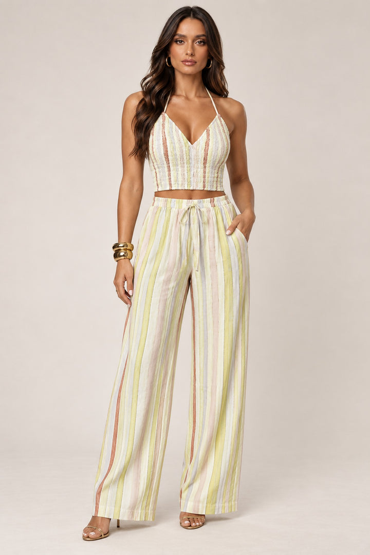 Lime striped halter pant set with drawstring waist, front view