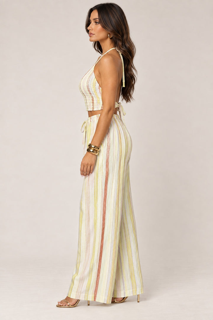 Lime striped halter top and wide leg pants set, side view