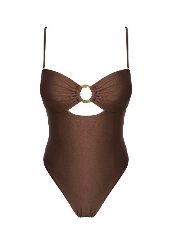 London cocoa brown one piece swimsuit with gold ring cutout beneath the bust