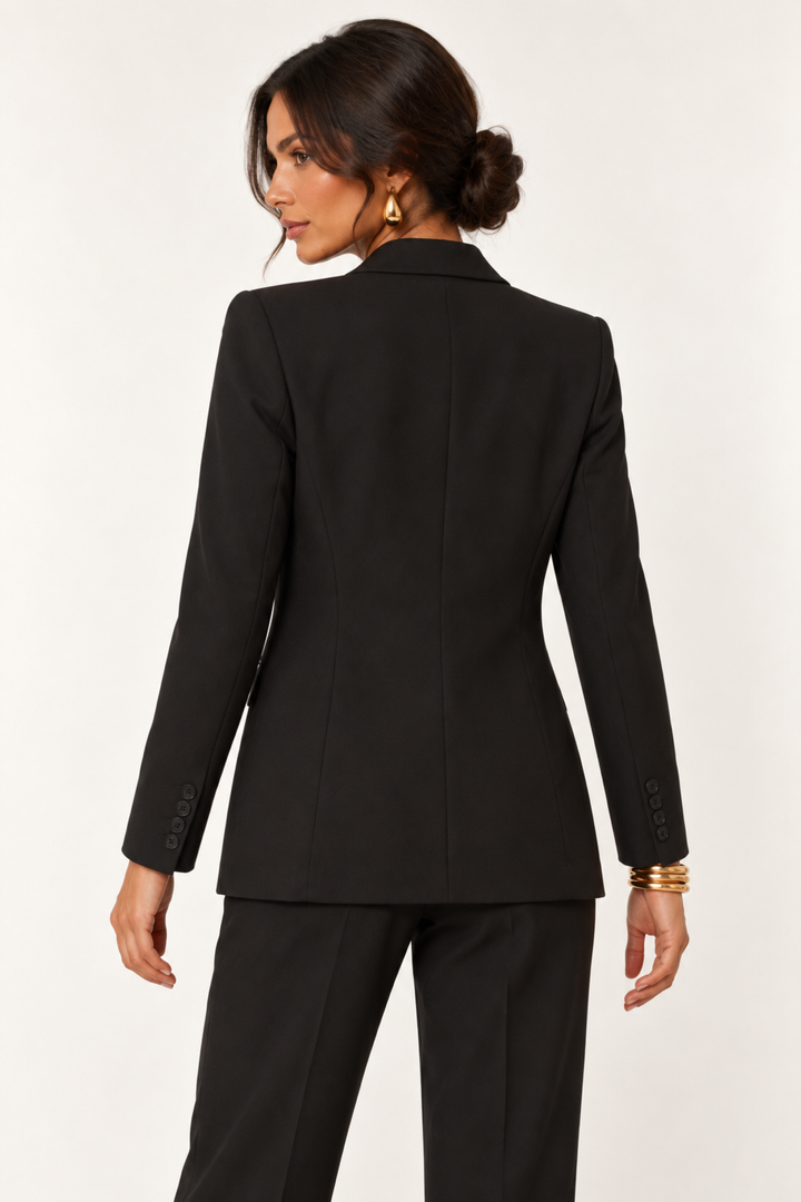 Love Poem black one-button boyfriend blazer, back view on a model with gold teardrop earrings.