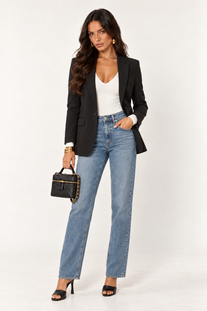 Love Poem black one-button boyfriend blazer, styled with blue jeans, a white V-neck bodysuit, black mules and quilted handbag.