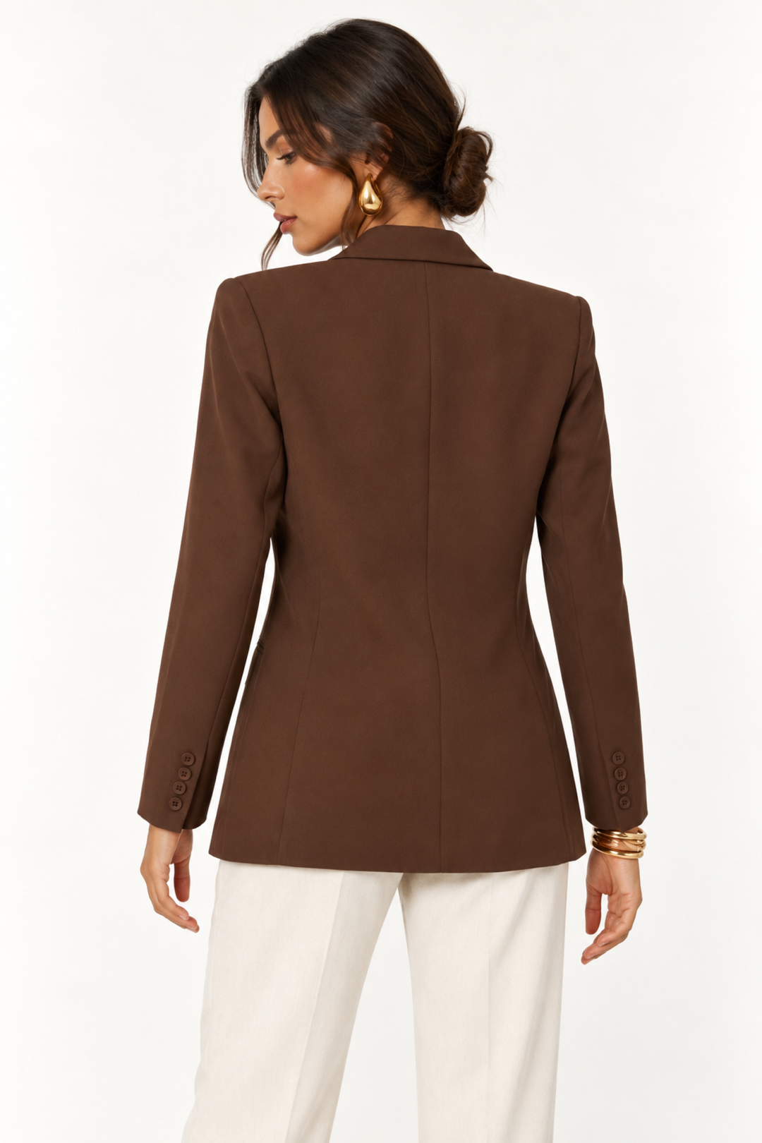 Love Poem Espresso One Button Boyfriend Blazer, back view, showing the tailored fit and seams.