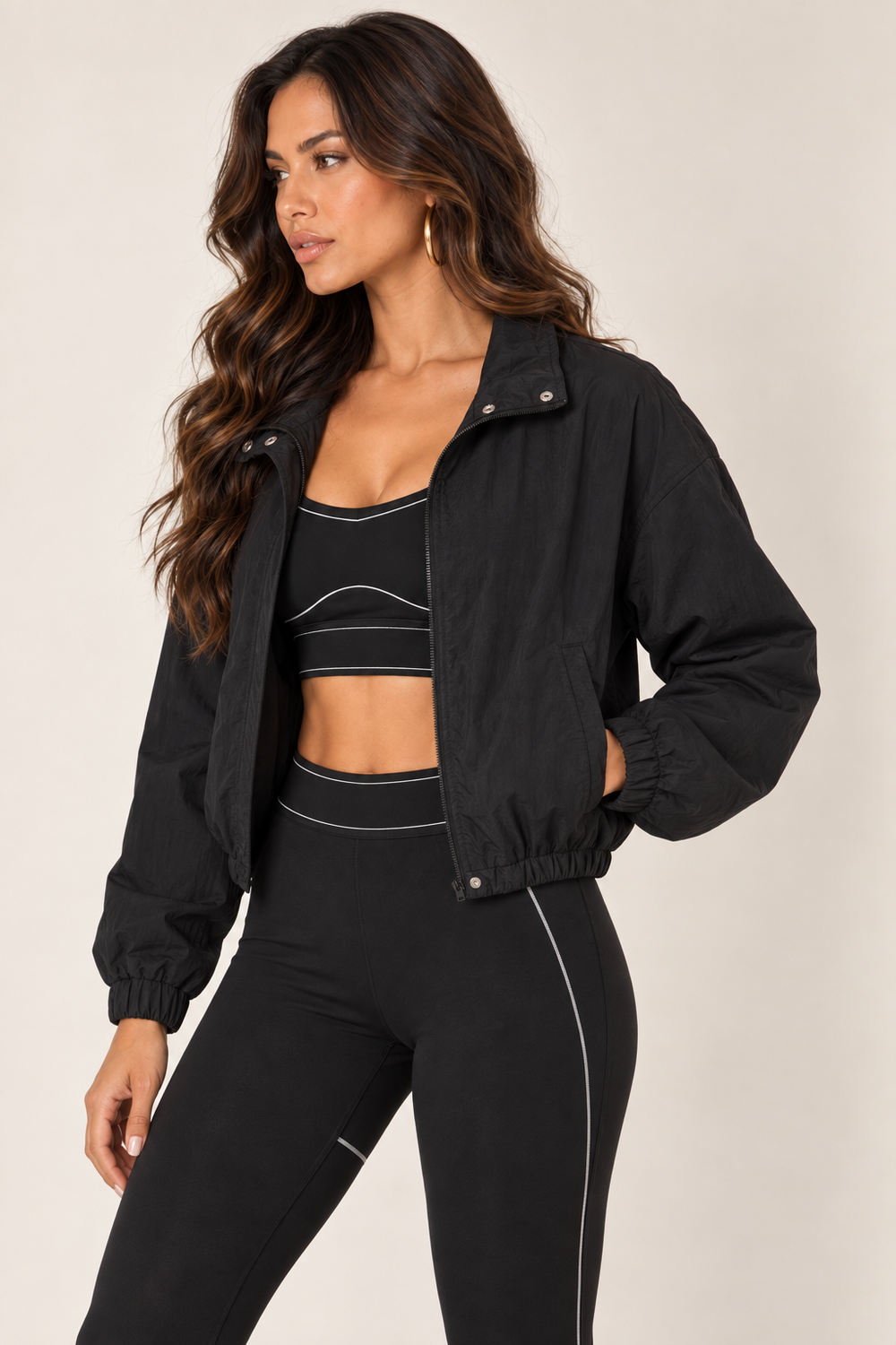 Black cropped windbreaker — thigh up left open