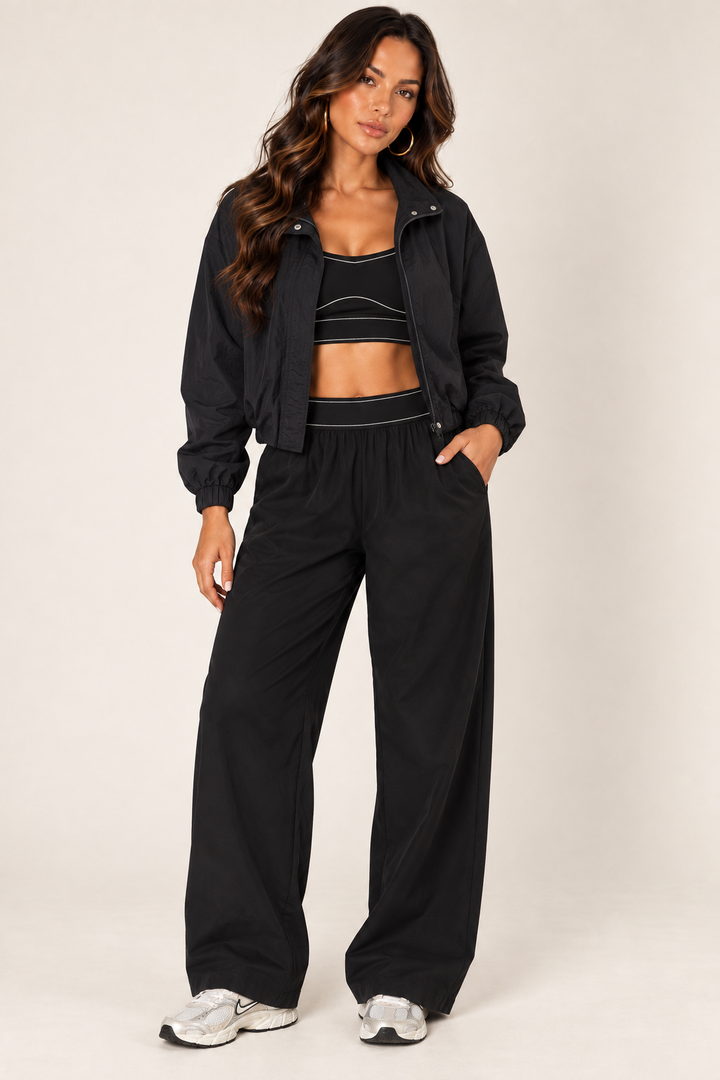 Black cropped windbreaker — full front open
