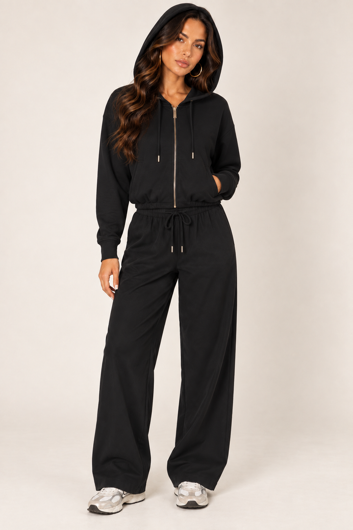 Black LOVE TREE cropped zip hoodie and wide-leg sweatpants — Zipped outfit · hood up