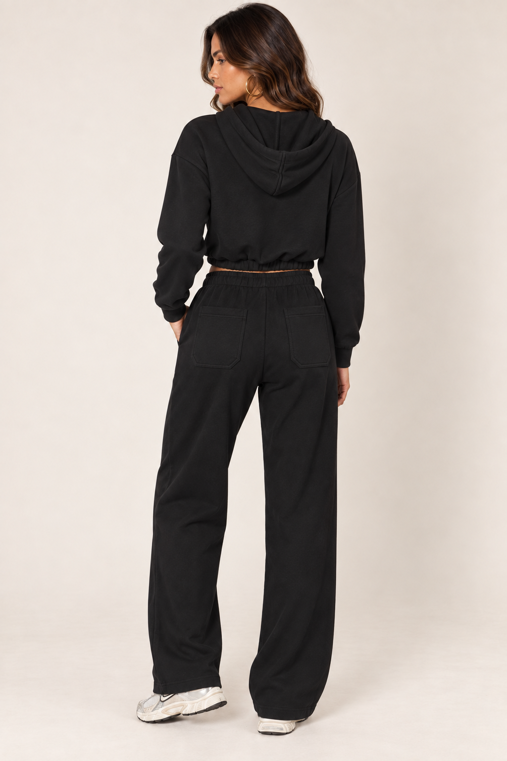 Black LOVE TREE cropped zip hoodie and wide-leg sweatpants — Back outfit · hood down
