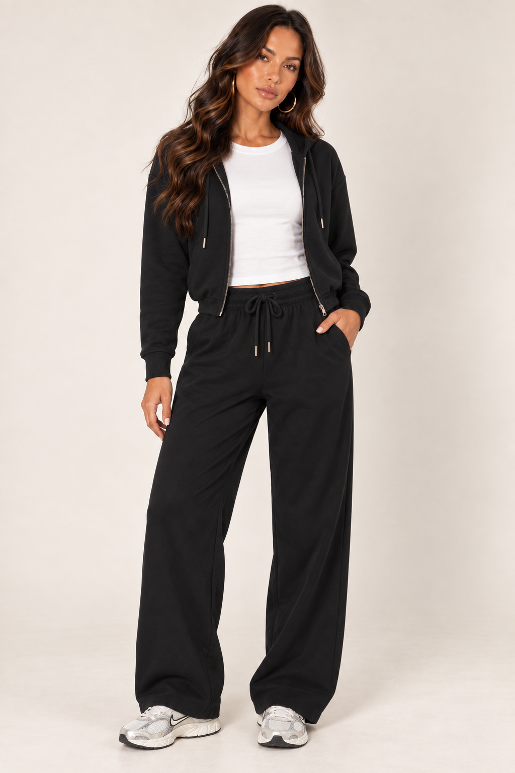 Black LOVE TREE cropped zip hoodie and wide-leg sweatpants — Front outfit · fitted white tee