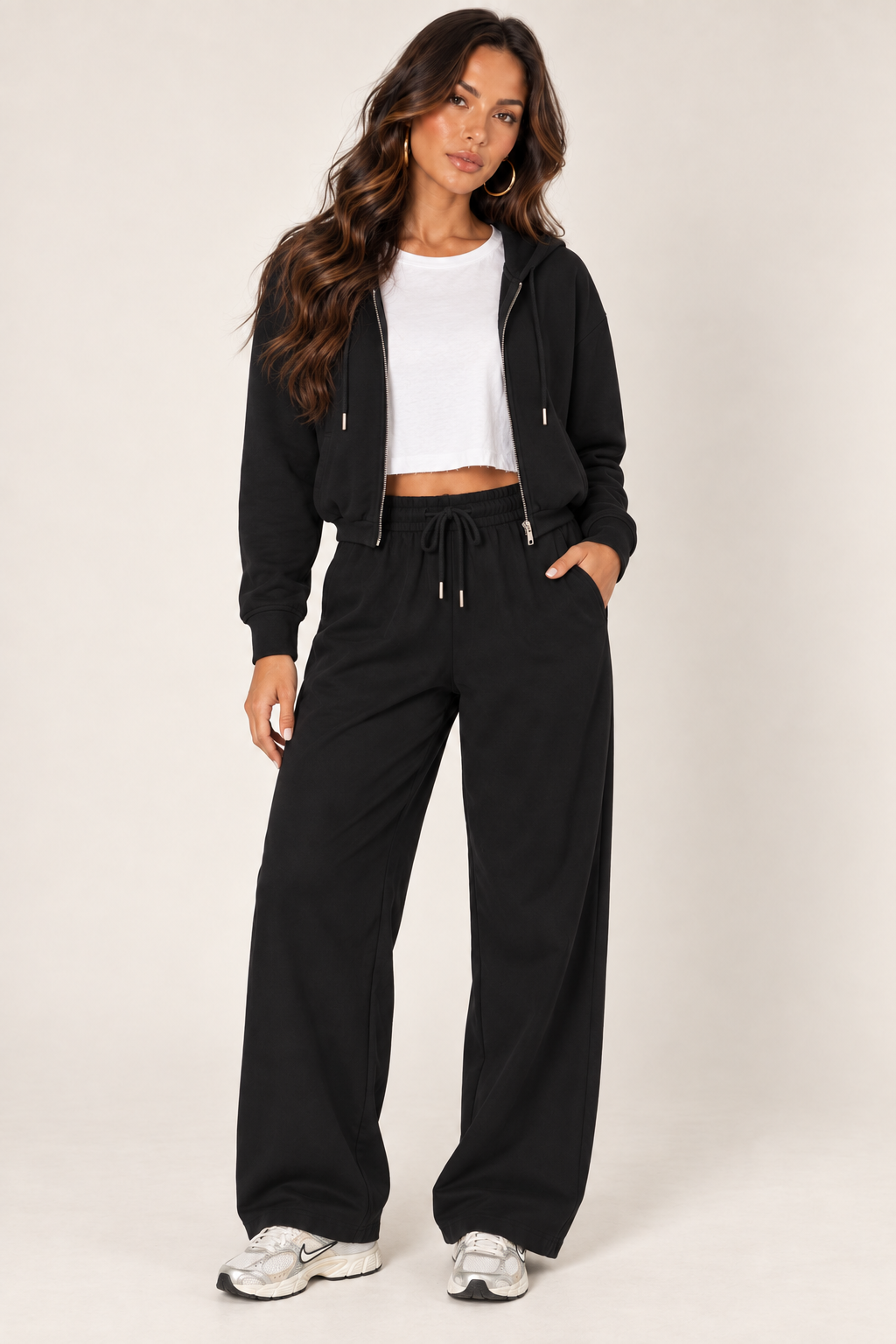 Black LOVE TREE cropped zip hoodie and wide-leg sweatpants — Front outfit · boxy white tee