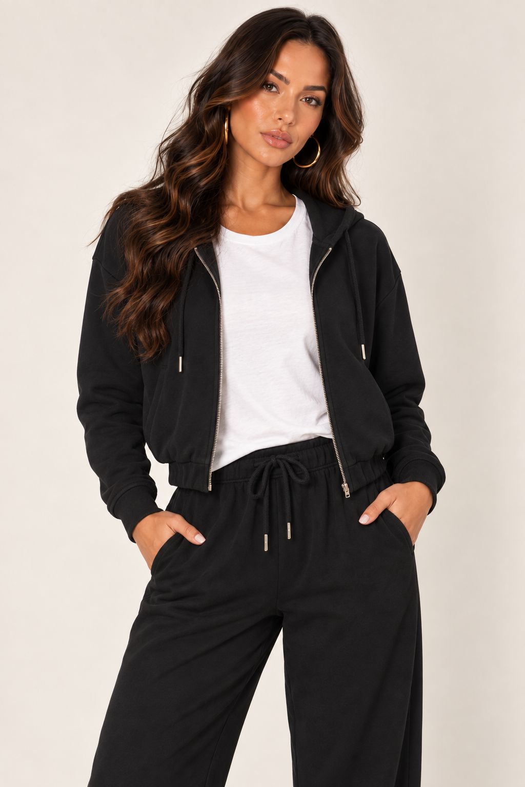 Black LOVE TREE cropped zip hoodie — Hoodie · relaxed white tee