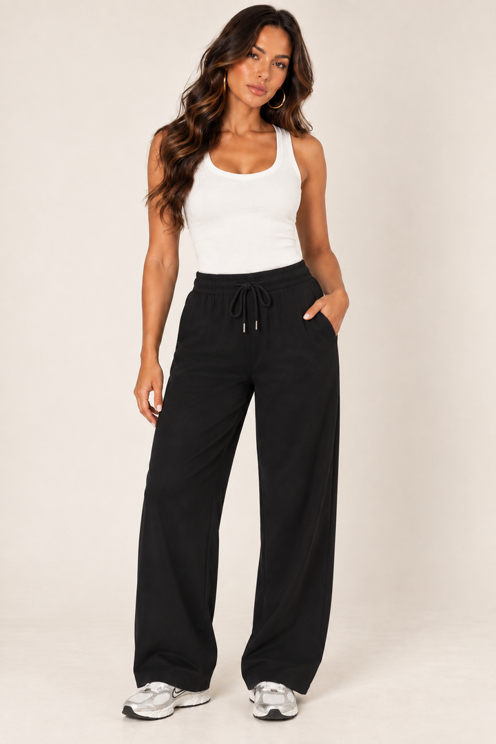 Black LOVE TREE wide-leg drawstring sweatpants — Sweatpants · white tank front