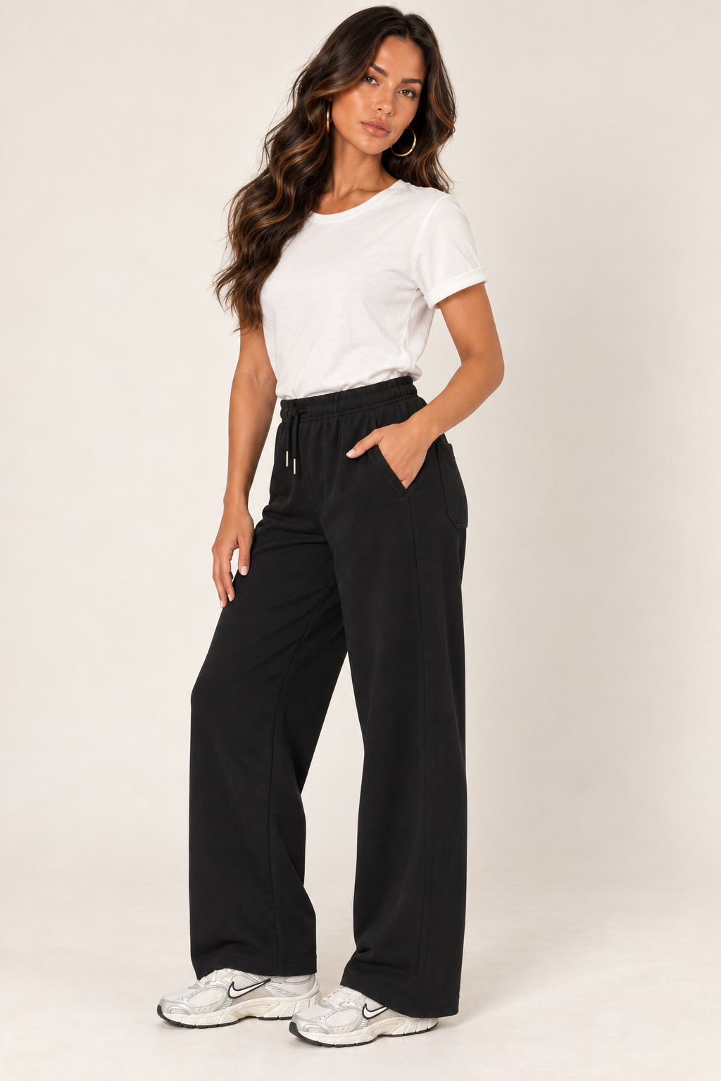 Black LOVE TREE wide-leg drawstring sweatpants — Sweatpants · side with white tee