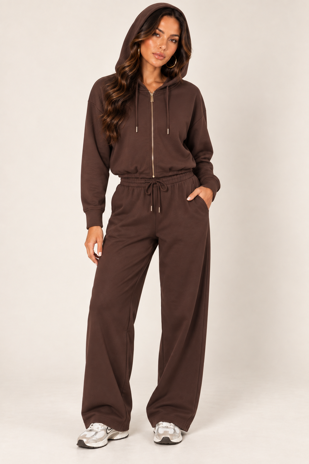 Chocolate LOVE TREE cropped zip hoodie and wide-leg sweatpants — Zipped outfit · hood up
