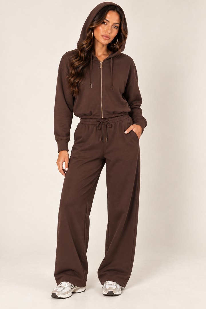 Chocolate LOVE TREE cropped zip hoodie and wide-leg sweatpants — Zipped outfit · hood up