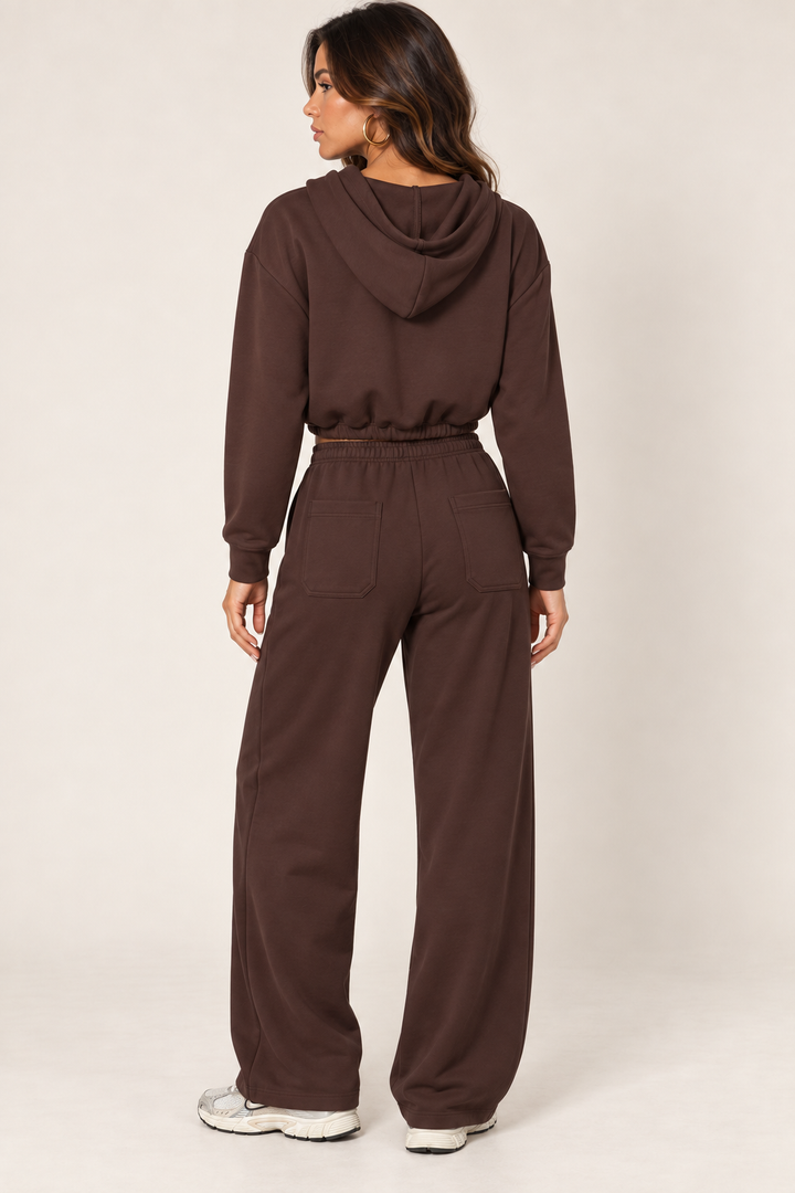 Chocolate LOVE TREE cropped zip hoodie and wide-leg sweatpants — Back outfit · hood down