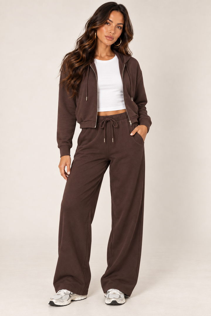 Chocolate LOVE TREE cropped zip hoodie and wide-leg sweatpants — Front outfit · fitted white tee