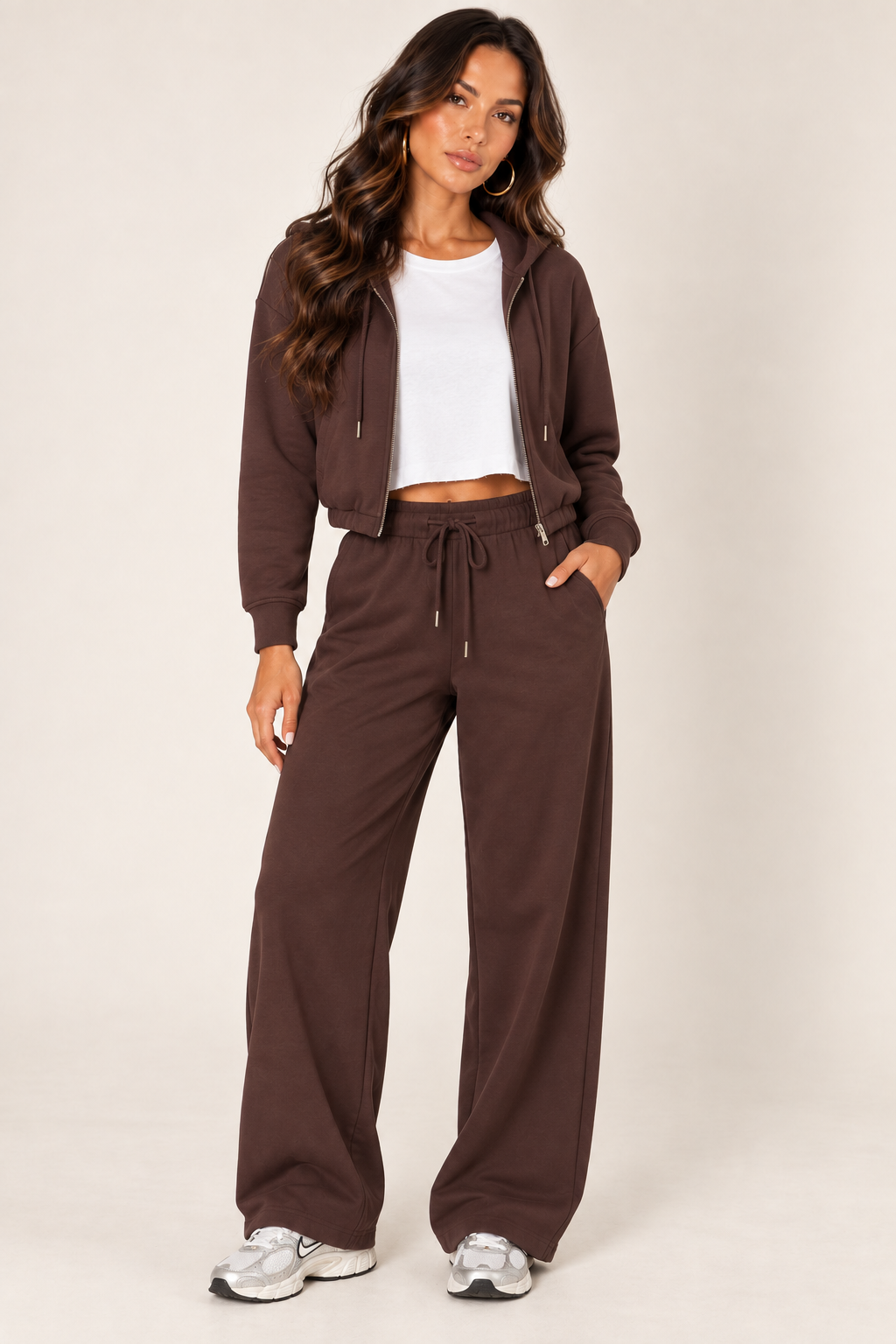Chocolate LOVE TREE cropped zip hoodie and wide-leg sweatpants — Front outfit · boxy white tee