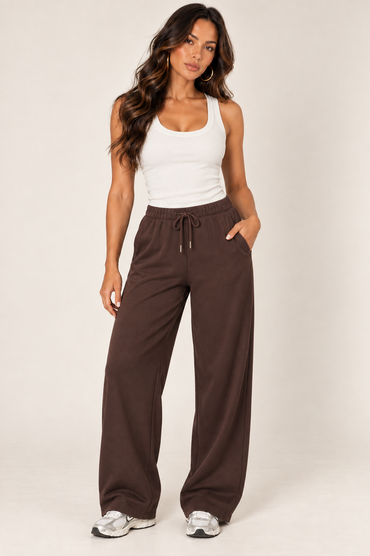 Chocolate LOVE TREE wide-leg drawstring sweatpants — Sweatpants · white tank front