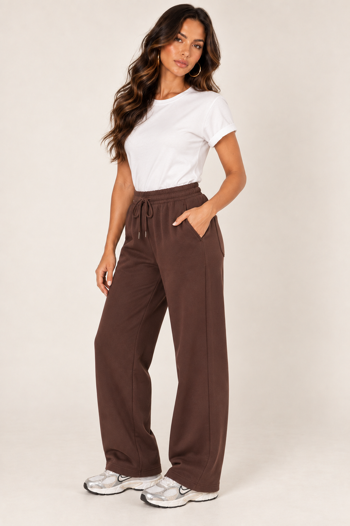 Chocolate LOVE TREE wide-leg drawstring sweatpants — Sweatpants · side with white tee