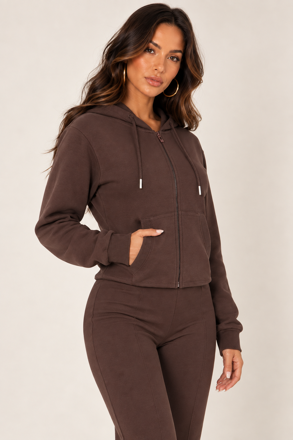 LOVE TREE 80451JN chocolate cropped pocket zip hoodie — hoodie left, fully zipped.